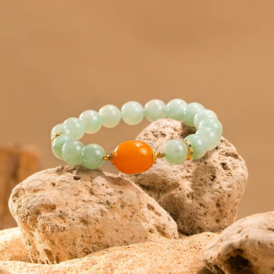 Natural Jade & Amber Bracelet with Gold Om Meditation Bead