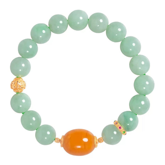 Natural Jade & Amber Bracelet with Gold Om Meditation Bead