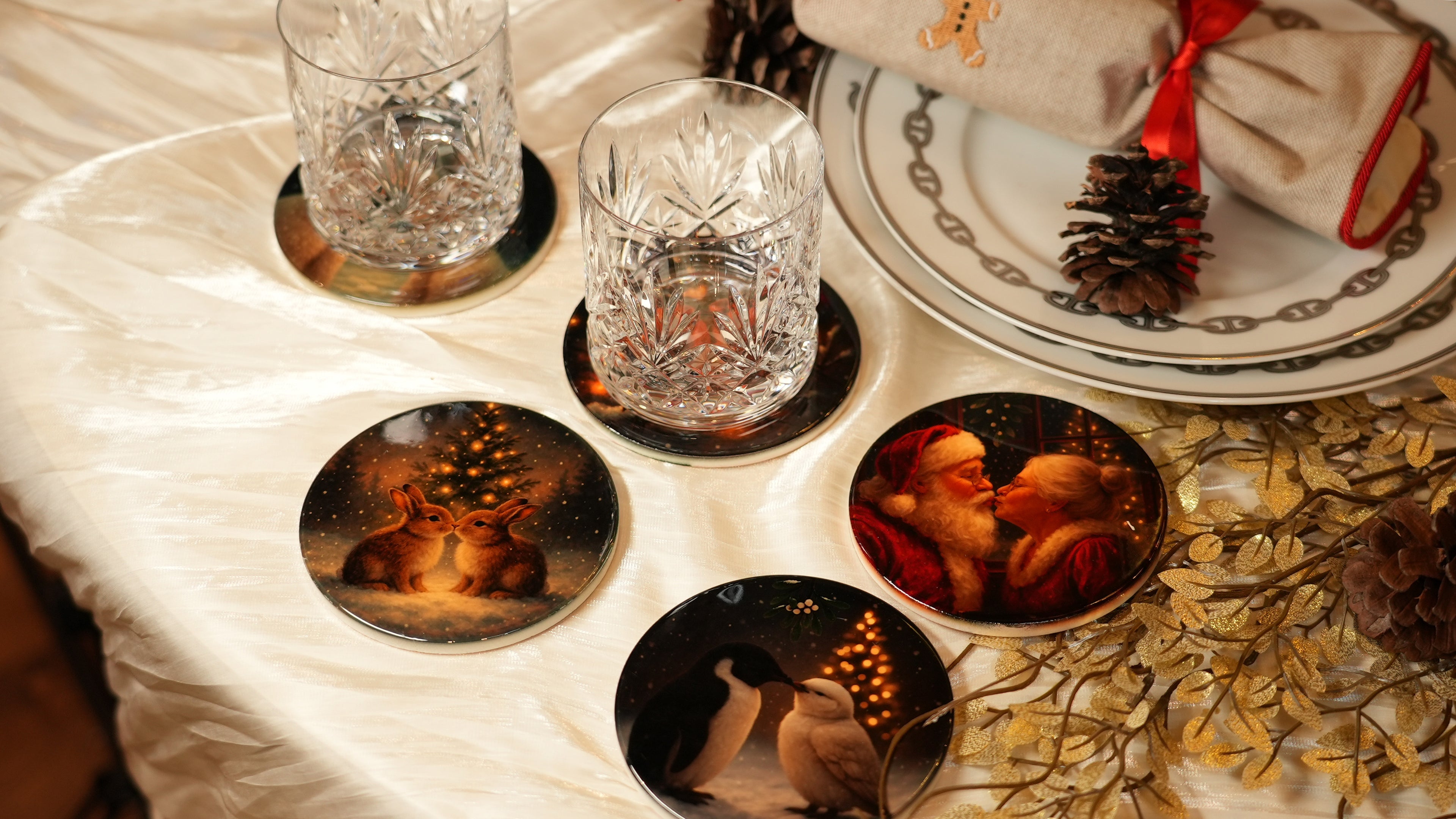 Coasters with artistic designs on a table setting with glasses and plates.