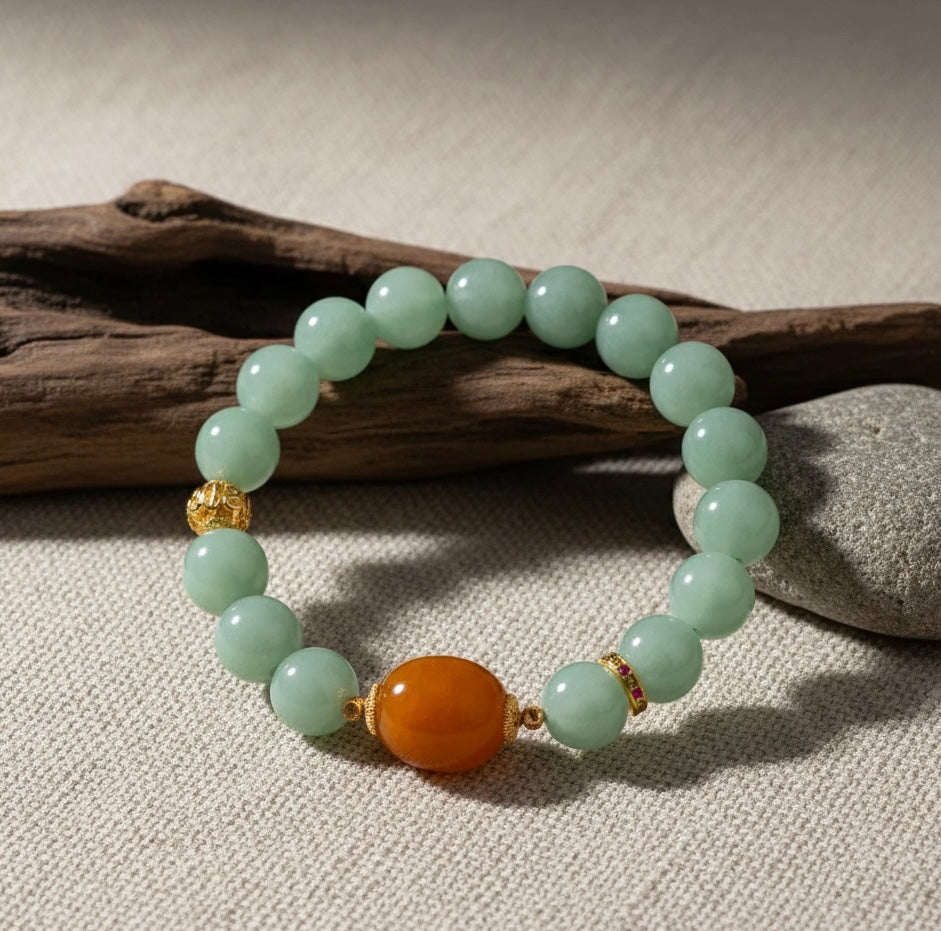 Natural Jade & Amber Bracelet with Gold Om Meditation Bead