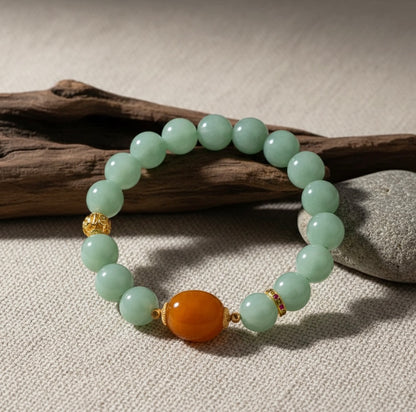 Natural Jade & Amber Bracelet with Gold Om Meditation Bead
